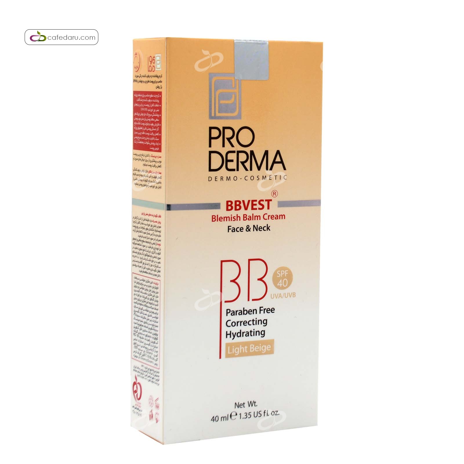 بی بی کرم مرطوب کننده SPF40 صورت برای پوست چرب و جوش دار پرودرما 40 میلی لیتر بژ روشن