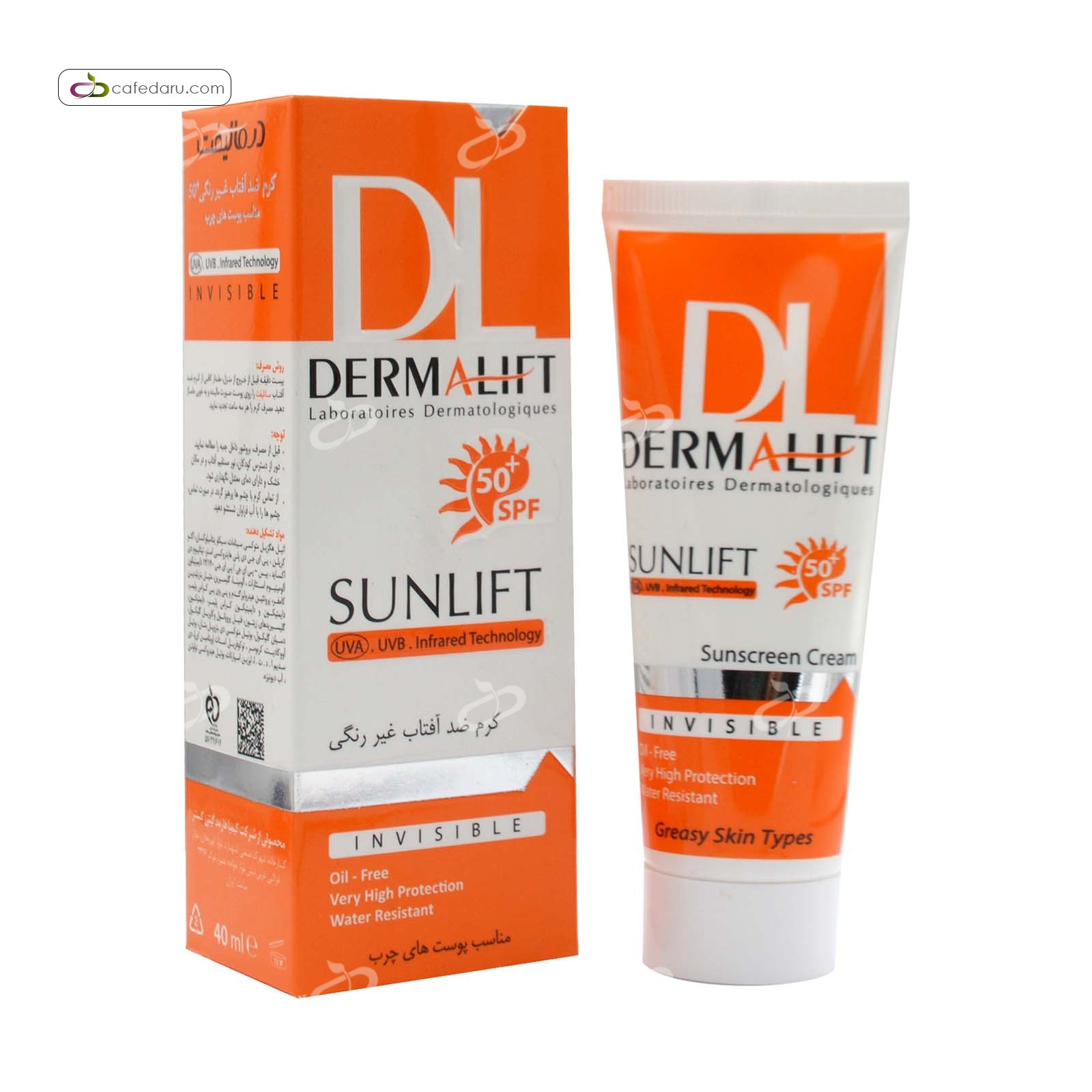 کرم ضدآفتاب SPF50 پوست چرب بی رنگ درمالیفت 40 میلی لیتر