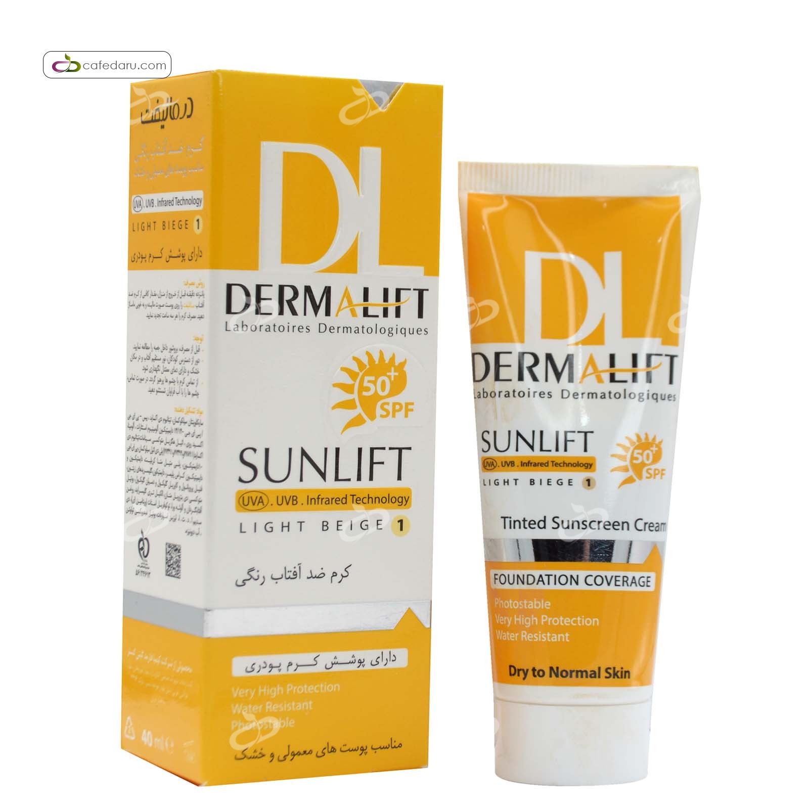 کرم ضد آفتاب SPF50 کرم پودری پوست معمولی و خشک درمالیفت 40 میلی لیتر بژ روشن