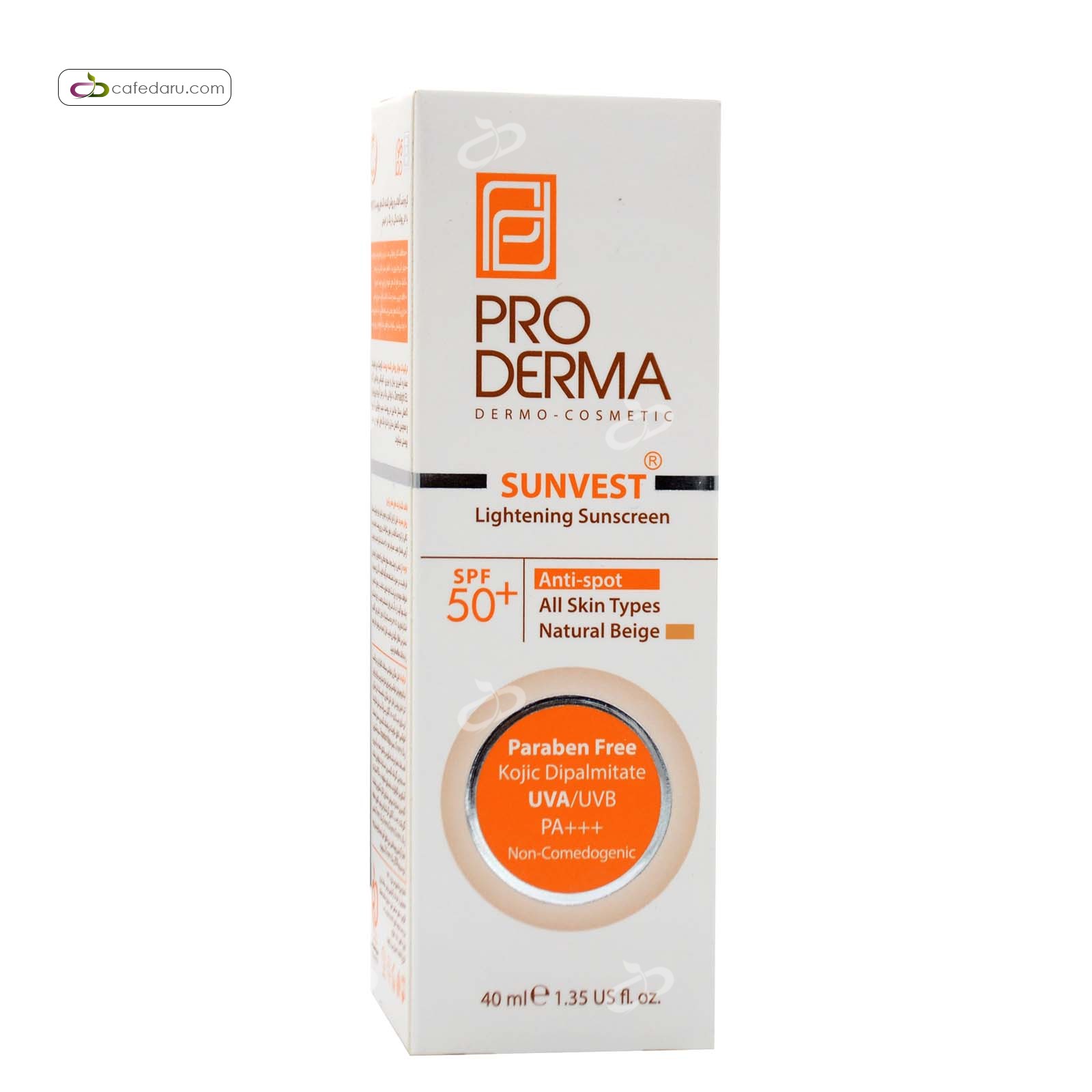 کرم ضدآفتاب رنگی spf50 روشن کننده لک های پوست پرودرما 40 میلی لیتر بژ طبیعی