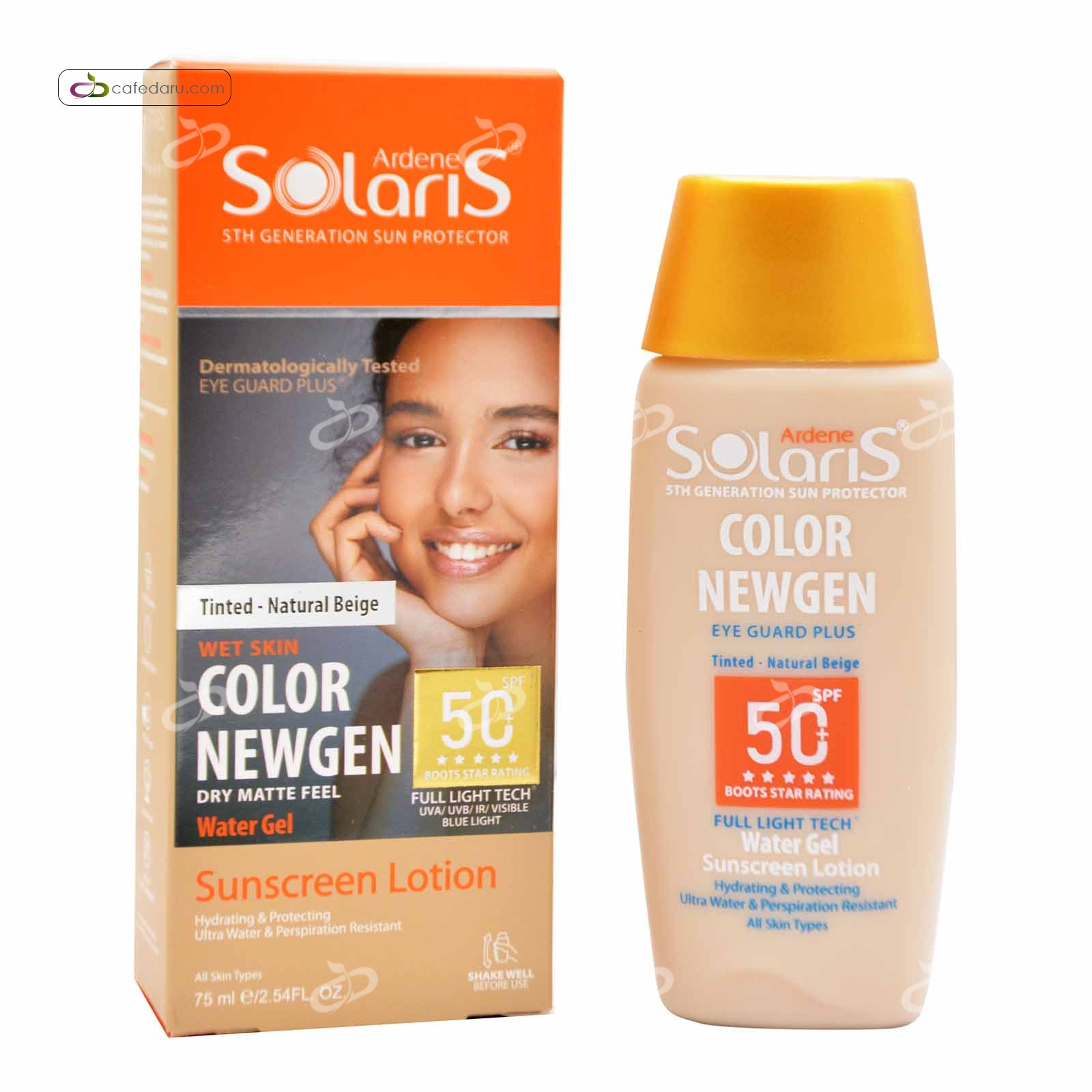 لوسیون آبی ضدآفتاب spf50 فاقد چربی مناسب انواع پوست آردن سولاریس 100 میلی لیتر بژطبیعی